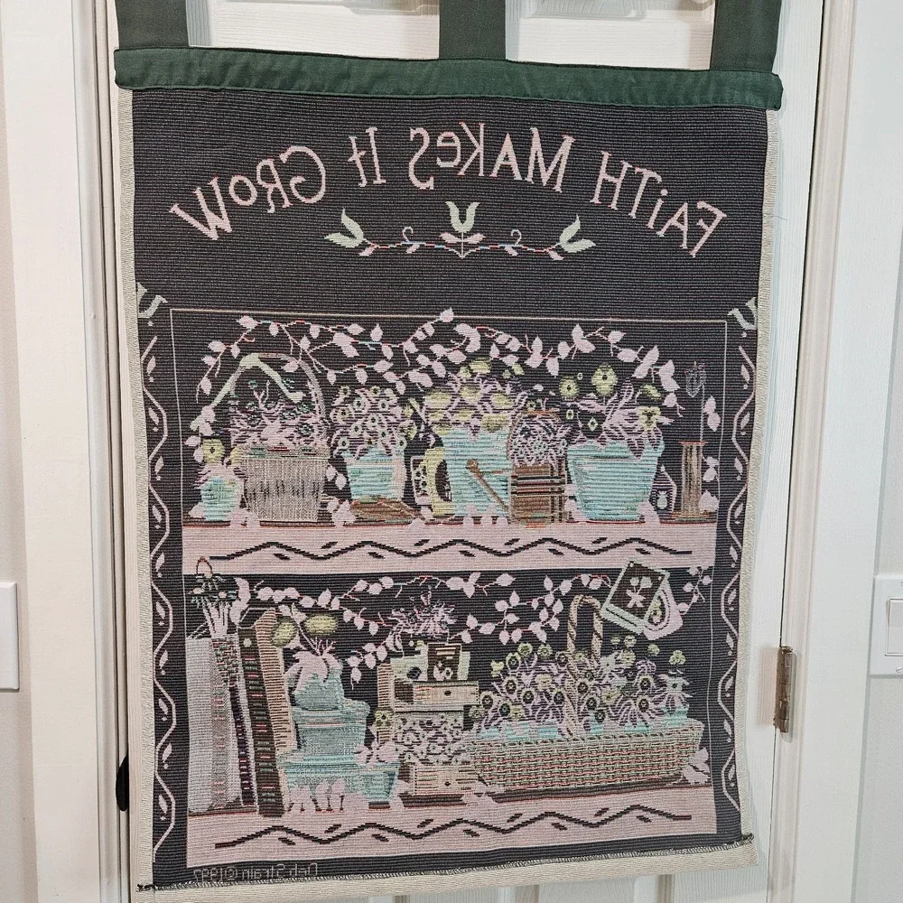 Vtg Faith Make It Grow Gardening Tapestry Wall Hanging Deb Strain 1997 READ